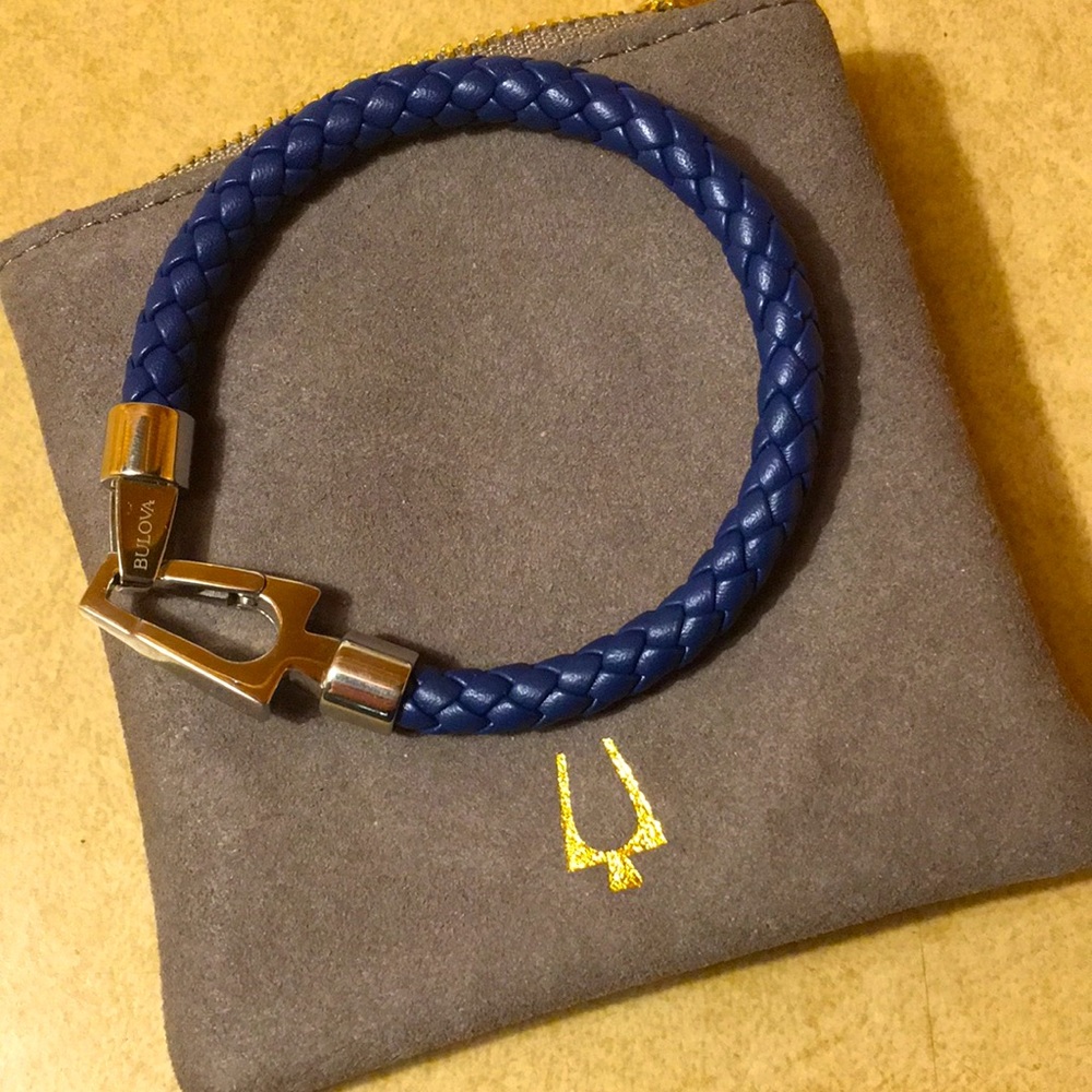 Bulova Navy Blue Leather Bracelet w/ Chrome Clasp